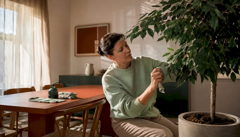 Im Wohnzimmer kümmert sich eine Frau darum, ihre Kunstpflanzen zu entstauben.
