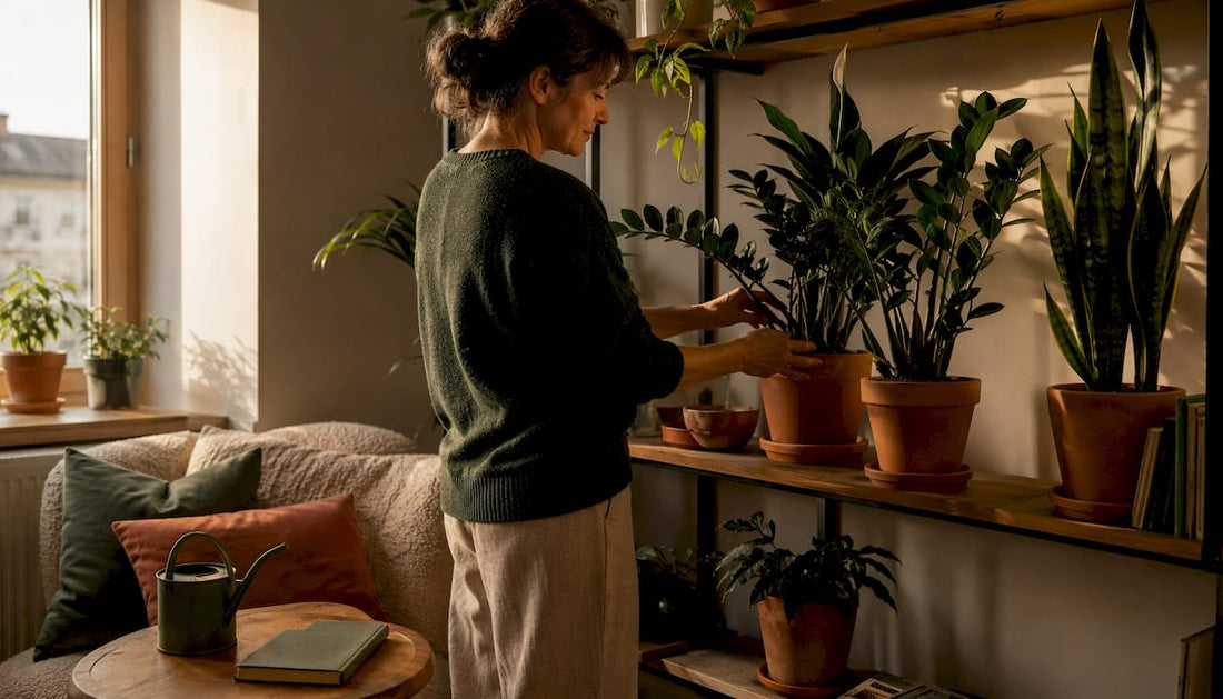 Eine Frau gestaltet eine gemütliche Ecke im Wohnzimmer mit schattenliebenden Zimmerpflanzen.