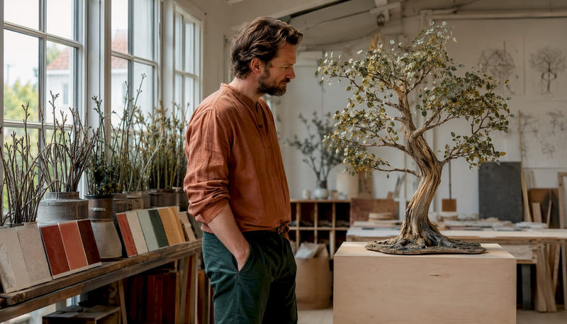 Ein Fachmann begutachtet einen individuell angefertigten Kunstbaum.