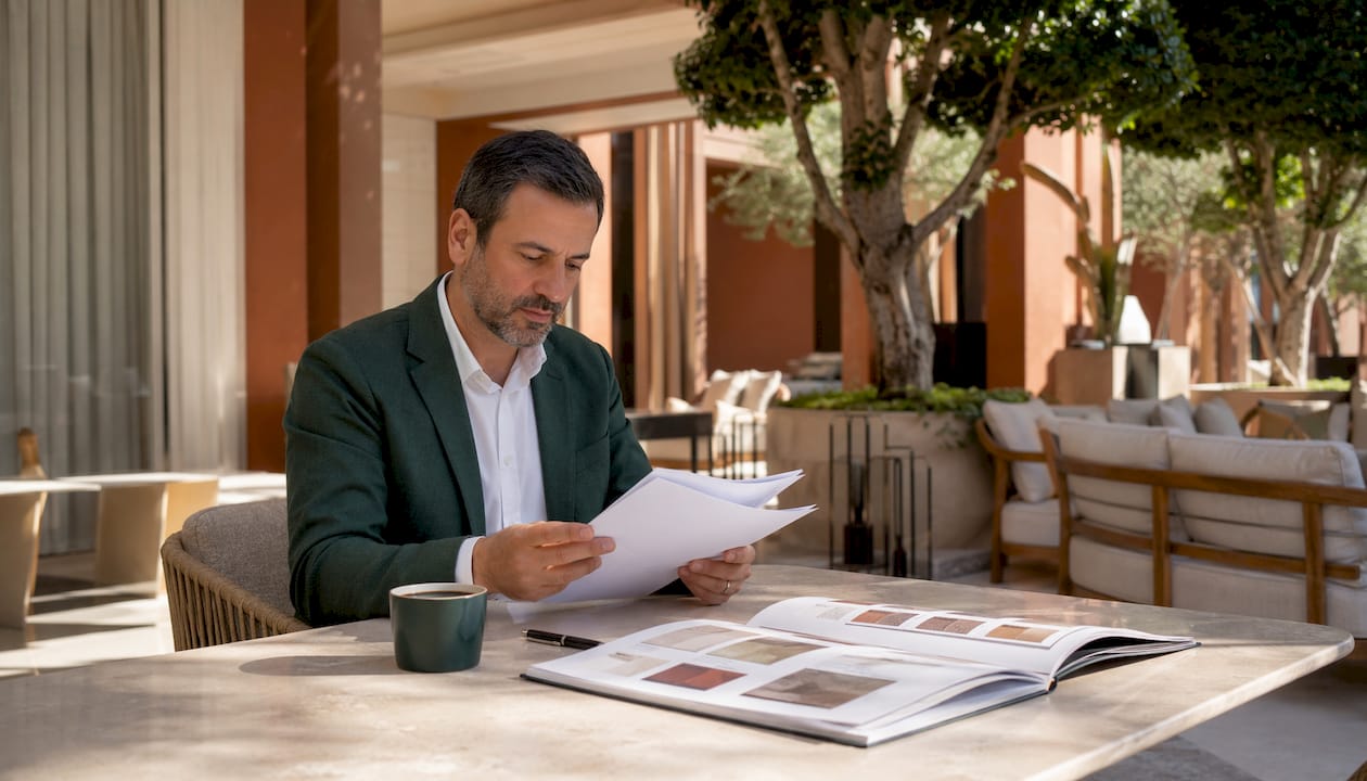 Hoteldirektor nimmt Mietverträge für Eventdekoration genau unter die Lupe.