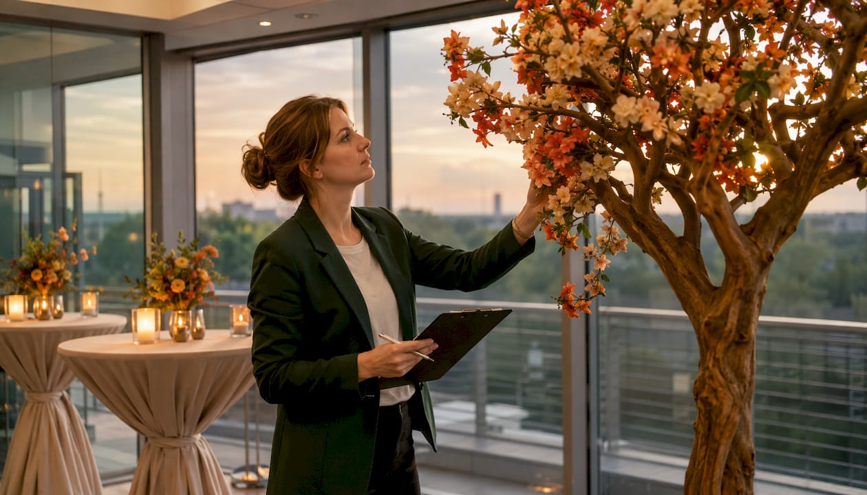 Eine Eventmanagerin begutachtet einen edlen Kunstbaum in einer festlich dekorierten Veranstaltungslocation.