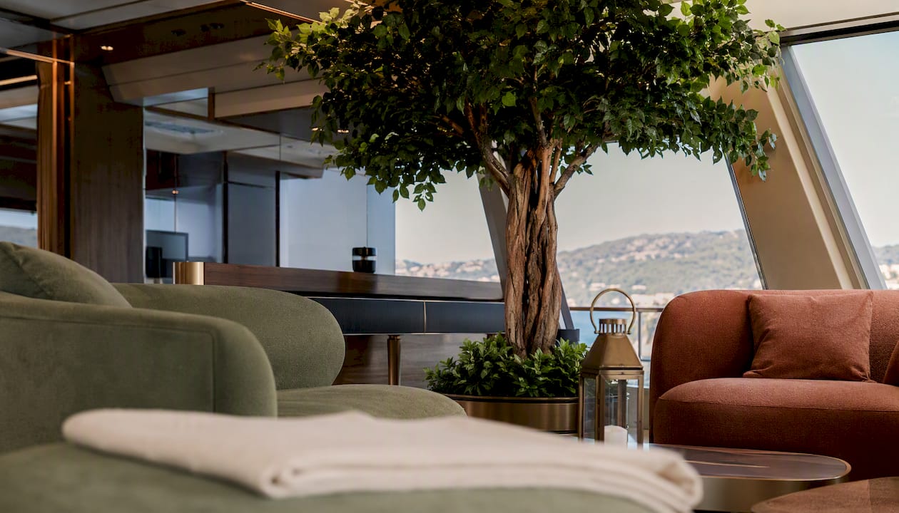 Stilvolles Yacht-Interieur mit kunstvollem Baum und behaglicher Einrichtung
