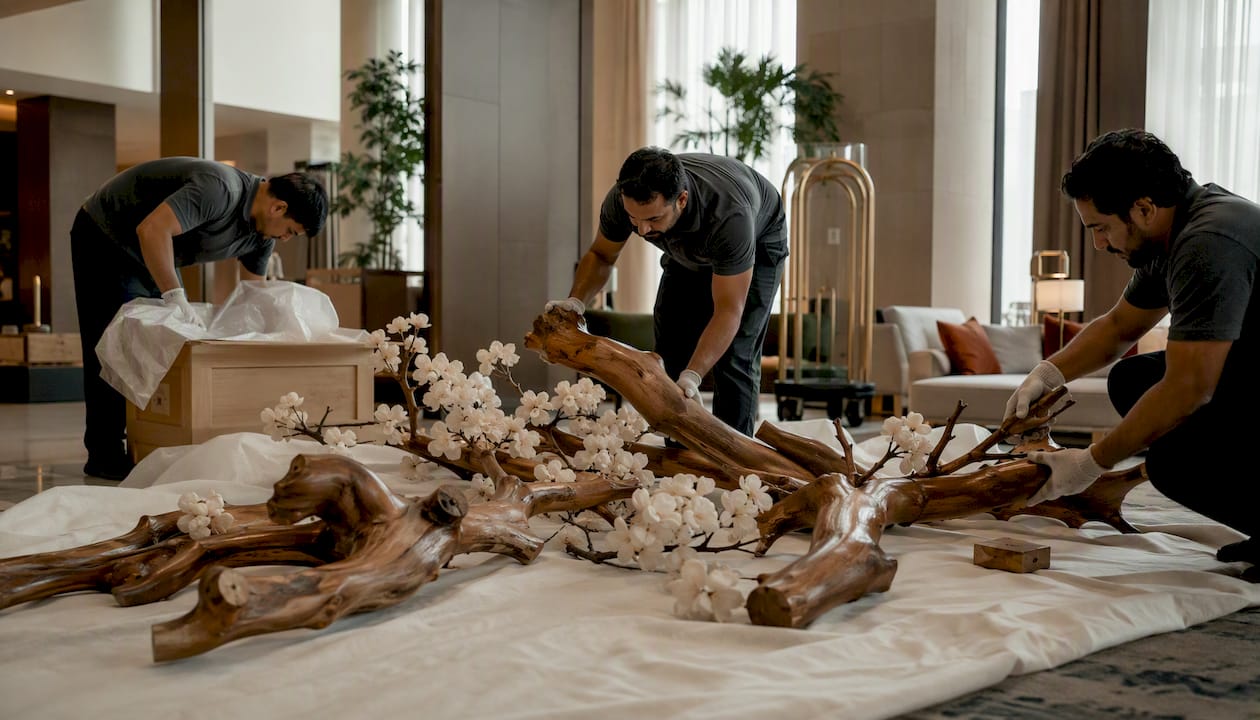 Anlieferung und Aufbau eines künstlichen Baumes in der Hotellobby