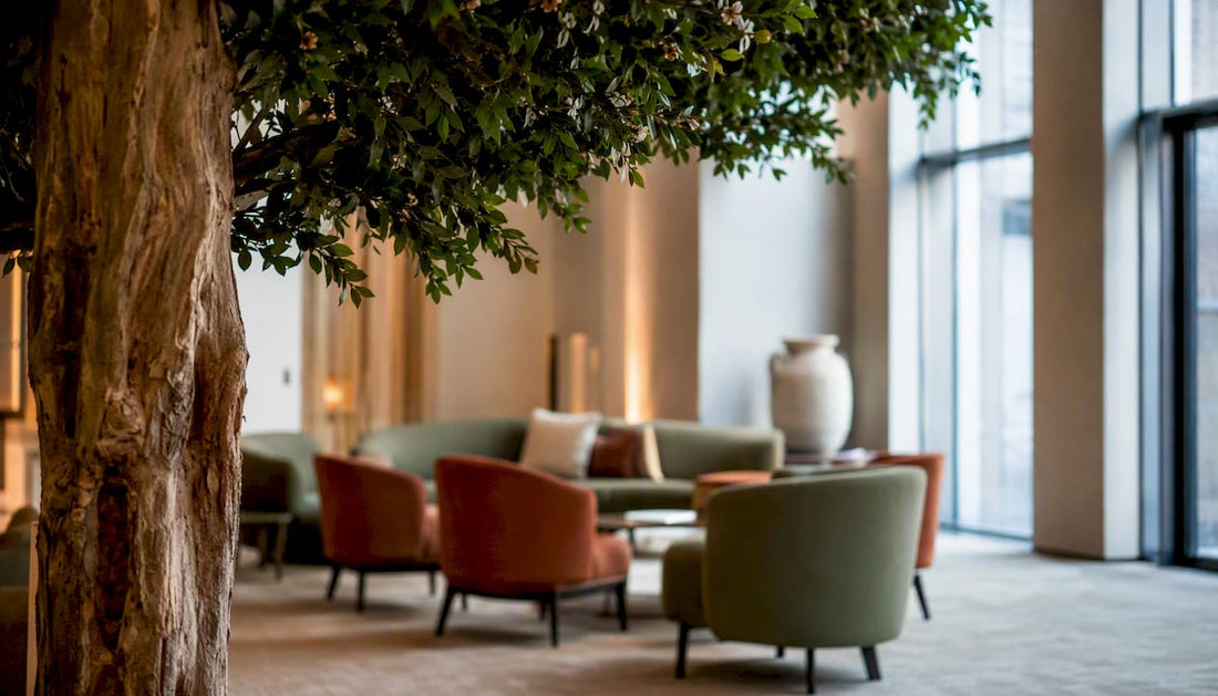 Im Eck der Hotellobby steht ein künstlicher Azaleenbaum aus Holz und sorgt für einen dekorativen Blickfang.