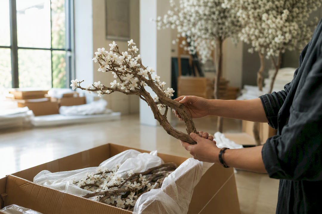 Hände beim Verpacken von hochwertigen künstlichen Weihnachtsbaumteilen