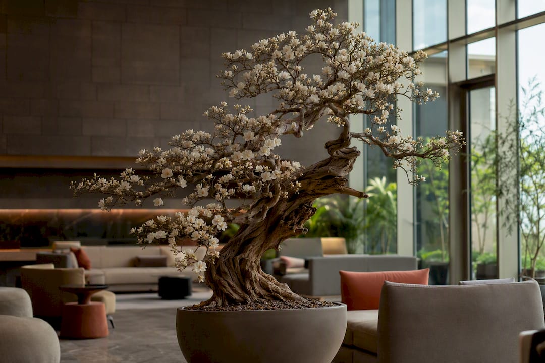 Detailaufnahme eines kunstvoll gestalteten künstlichen Baumstamms mit Blumen