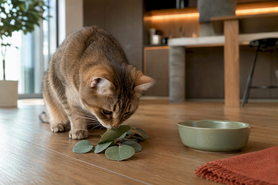 Katze neben künstlichen Blättern ohne Erde