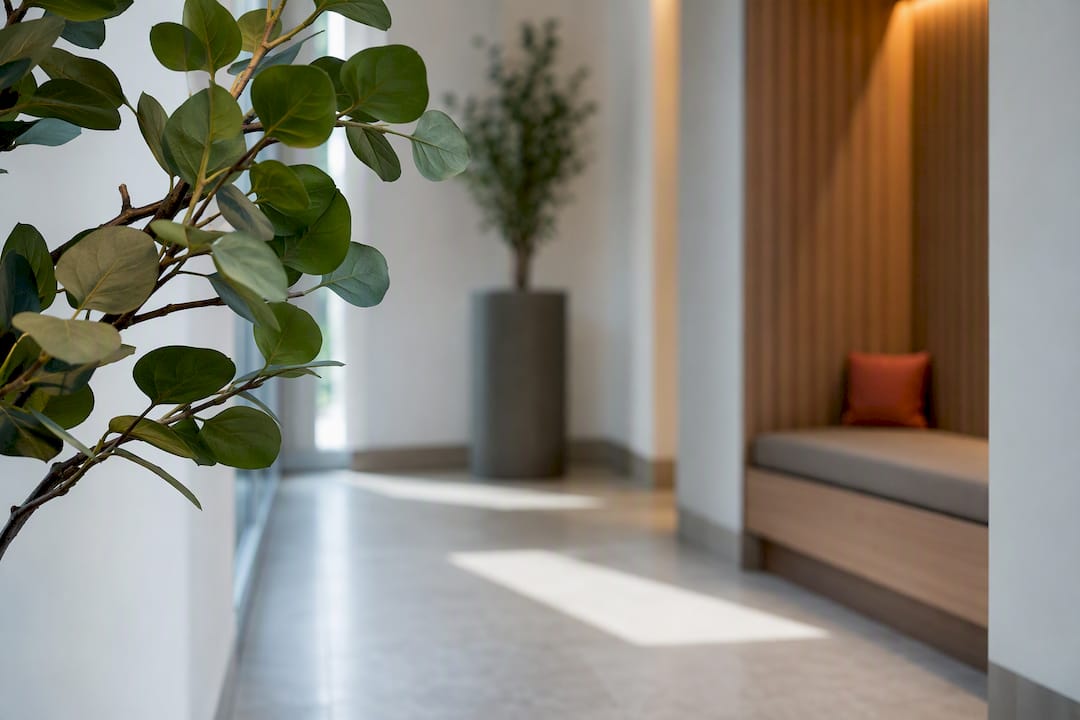 Künstlicher Zweig in einer hellen Klinikpassage