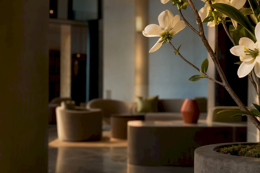 Abgeschnittene, duftfreie Kunstblüte in der Hotellobby